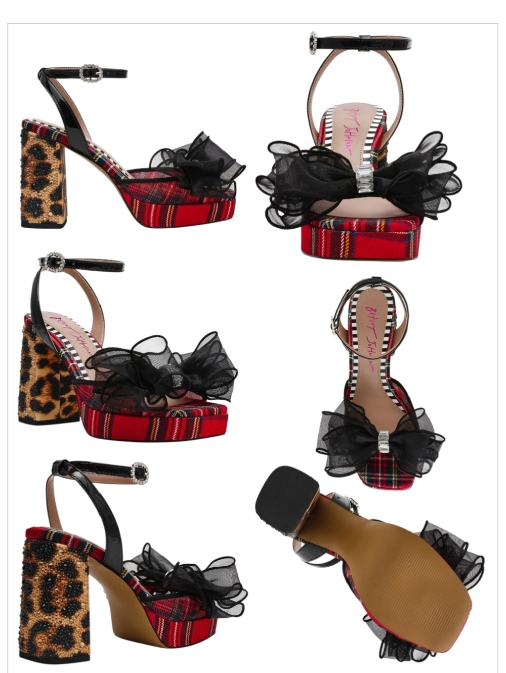 Betsey Johnson Palloma Red Plaid Platform Bow Dress Sandals Sz 9 Leopard Heel - Picture 2 of 12